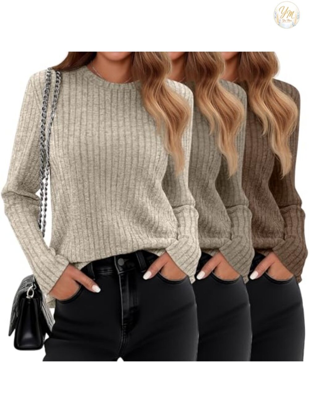 3 Pack Long Sleeve Tunic Sweaters Women's Crewneck Pullover Spandex